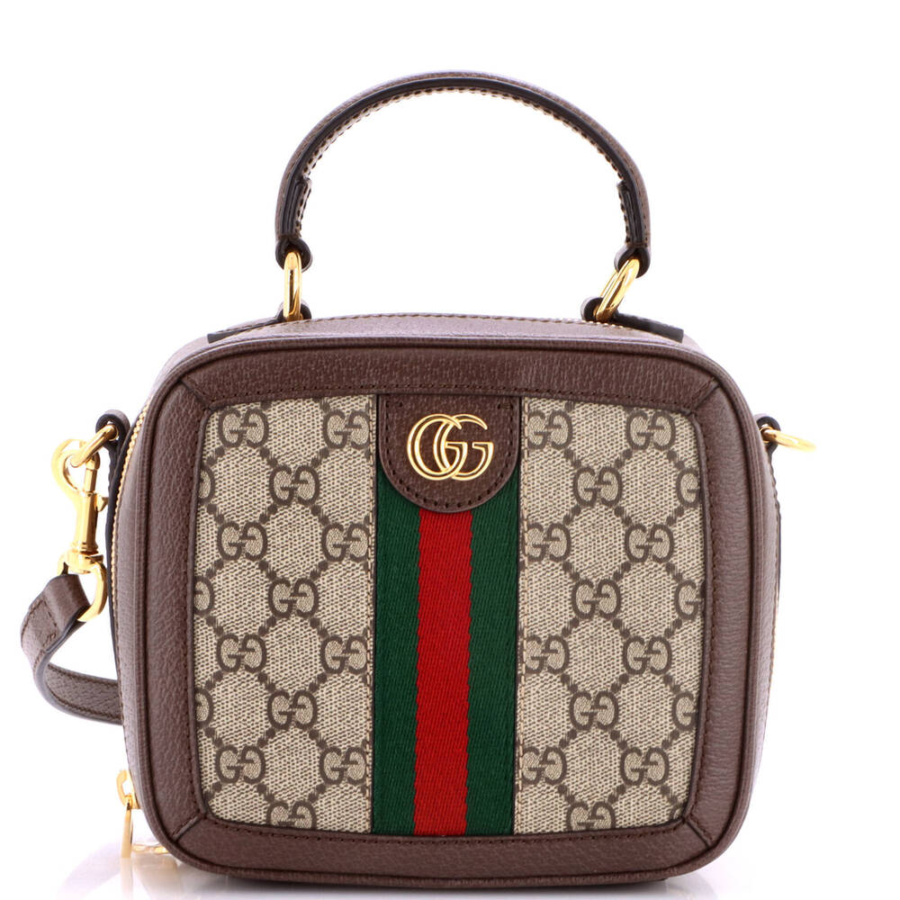 Gucci Mini Ophidia Zip Around Top Handle Bag GG Coated Canvas with Leather